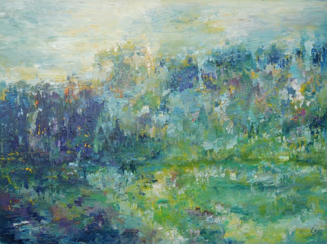 Impressions autour de l'étang, 2019, 60 x 80 cm, oeuvre originale unique de corinne Foucouin. peinture à l'huile, collection particulière.