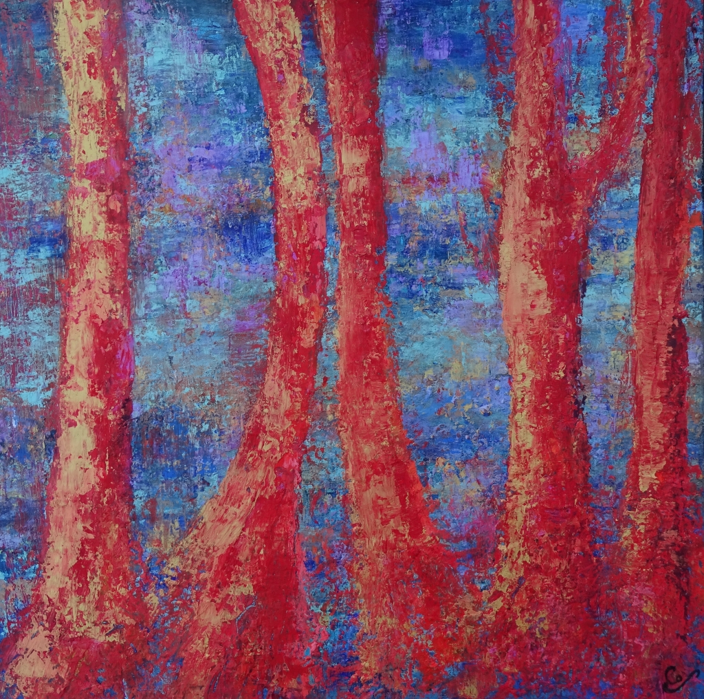 Attirance, 2021, 50x50cm,  850 €  tableau original unique peint à la main huile sur toile de Corinne Foucouin. Les arbres rouge feu sur fond bleu aquatique. Technique de la peinture au couteau avec des effets de matière et de surépaisseurs.